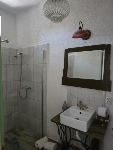Odaia Pictată cu Dor — baie proprie cu duș, oglindă cu ramă din lemn și lavoar pe suport de mașină de cusut veche